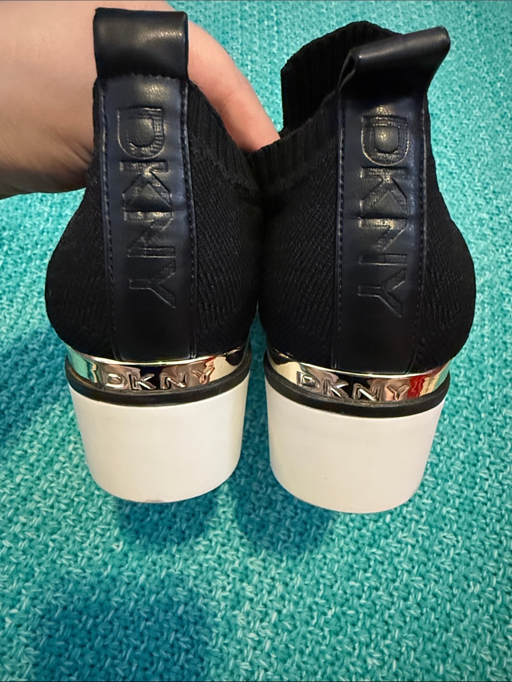 DKNY Black Knit Slip-On Sneakers with White Platform Sole - Picture 4 of 8